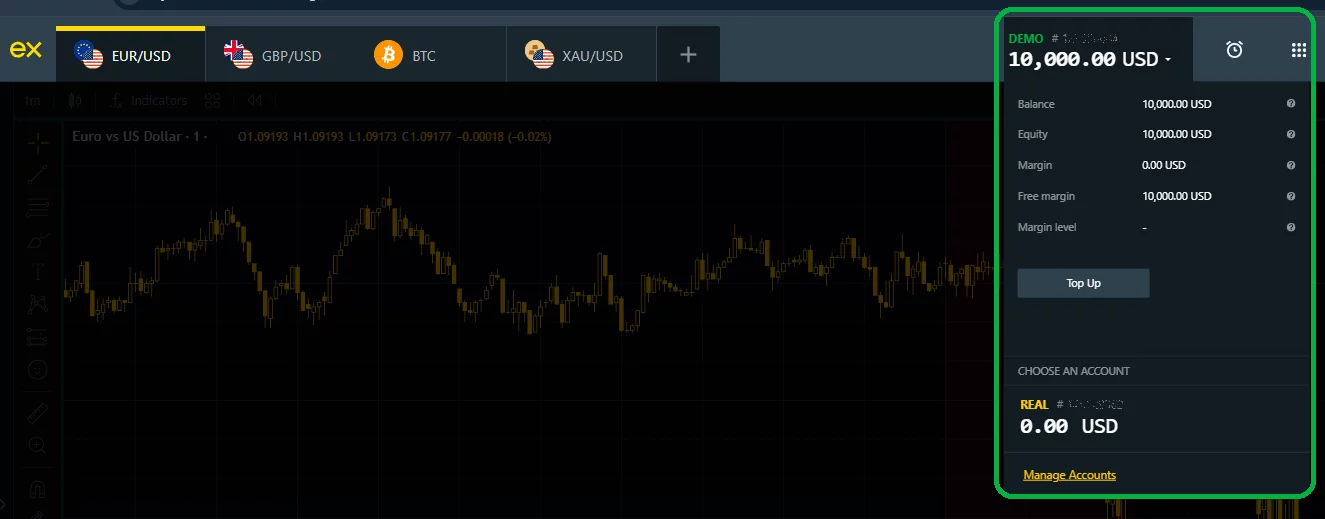 Exness 模擬帐户资讯，具备指定的帐户特性与余额