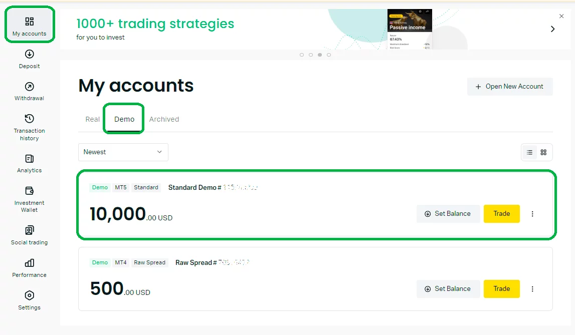 现有示范帐户的位置：在我的帐户 - 示范标籤下